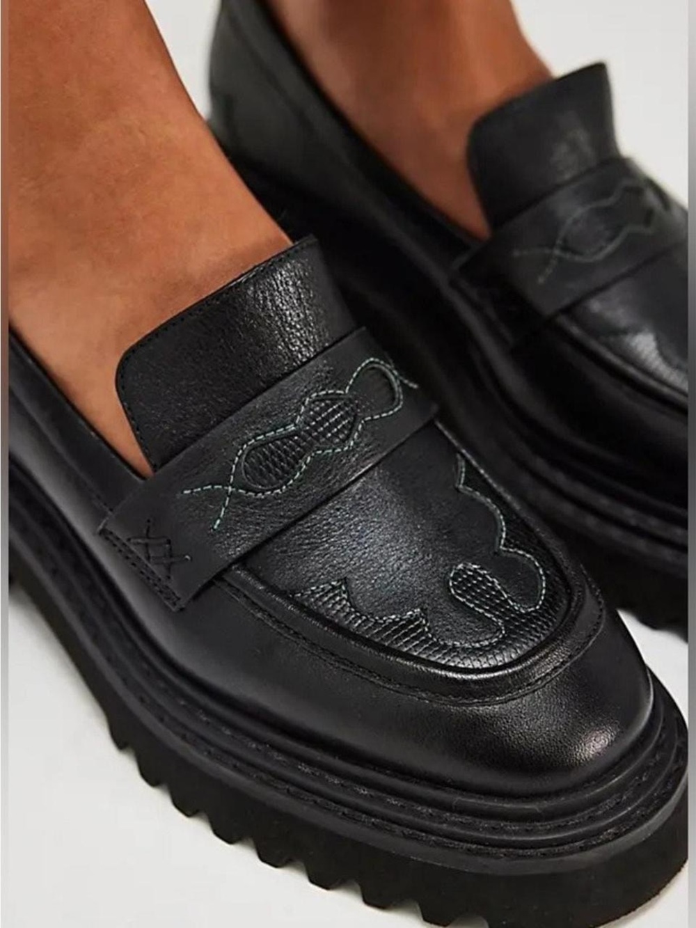 Free People Darcy Black Chunky Lug Sole Leather Loafers